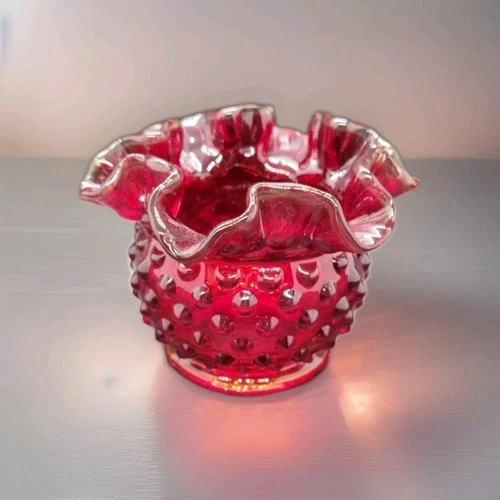 Fenton Glass Vase Hobnail Double Crimped Ruffled Amberina Small 3"