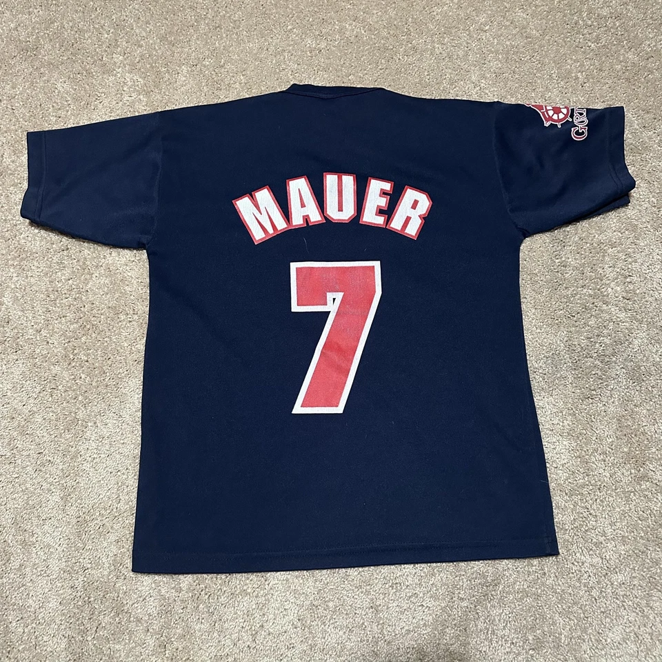 Camisa de los Mellizos de Minnesota Juvenil 18-20 Marina MLB Béisbol Joe Mauer 7 Cuello en V Gráfico Foto 2 de 4