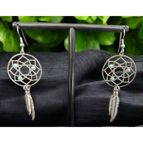 * Silver and Turquoise Blue Dreamcatcher Feather Dangle Earrings - Picture 1 of 3