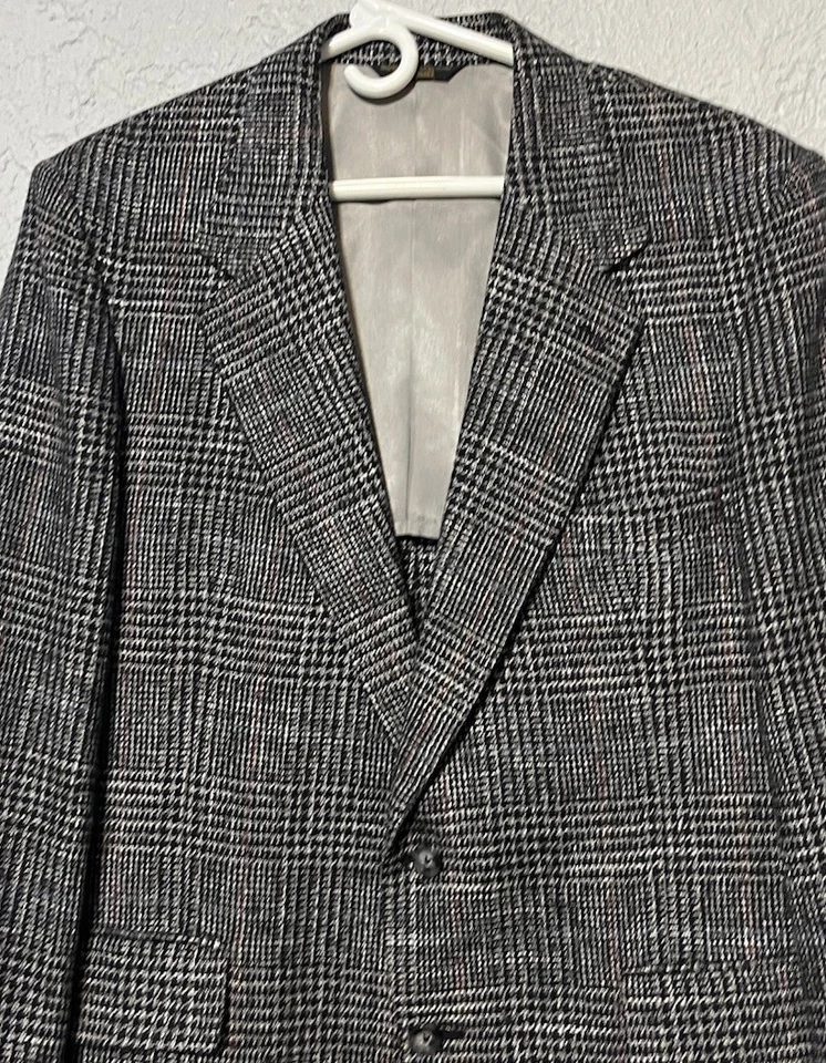 Custom Master Crafted USA Black Plaid Wool Tweed Blazer Jacket Sz 44 R - Image 2 of 4
