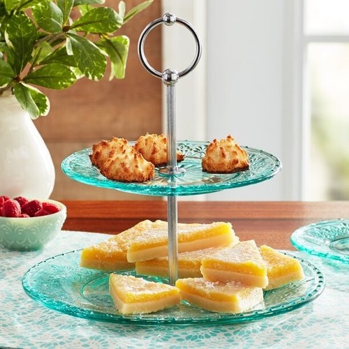 Pioneer Woman 2 Tiered Dessert Server Cassie Embossed Glass Teal or Clear U Pick - Picture 2 of 24