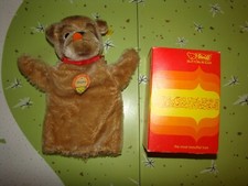 Vintage STEIFF Germany Mopsy Dog Hand Puppet Mohair Plush ID Button Tag w/Box