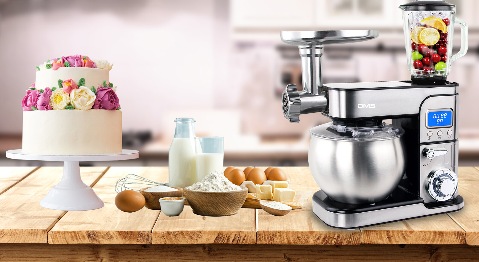 DMS® 3in1 Edelstahl Küchenmaschine StandMixer Fleischwolf Digital Timer