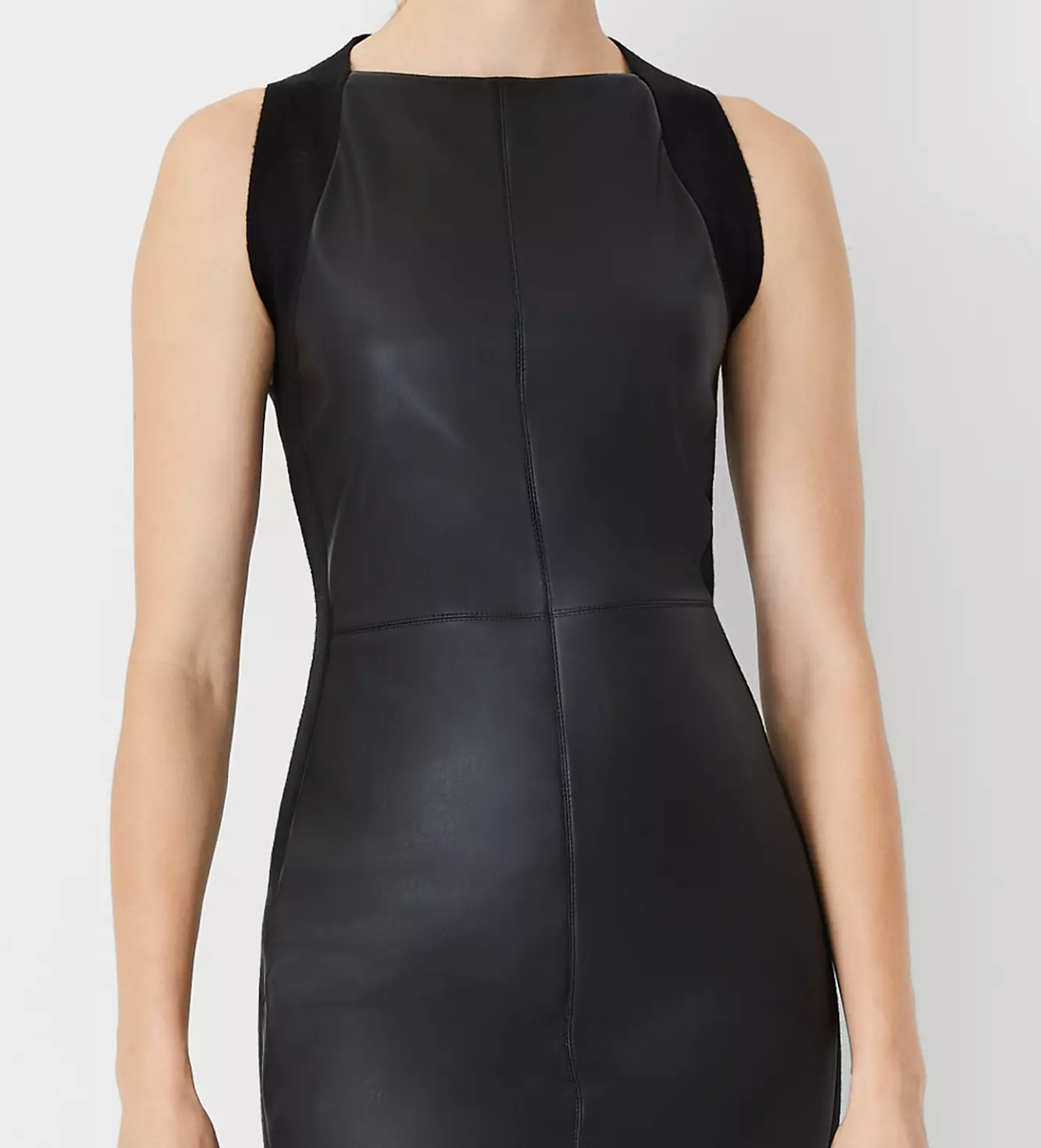ann taylor faux leather dress Ann Taylor Petite Faux Leather Belted Flare Dress Size 6 Black Women's