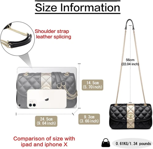 FOXLOVER Quilt Flap Crossbody Bags for Women Leather Shoulder Black-gold  - Picture 3 of 6