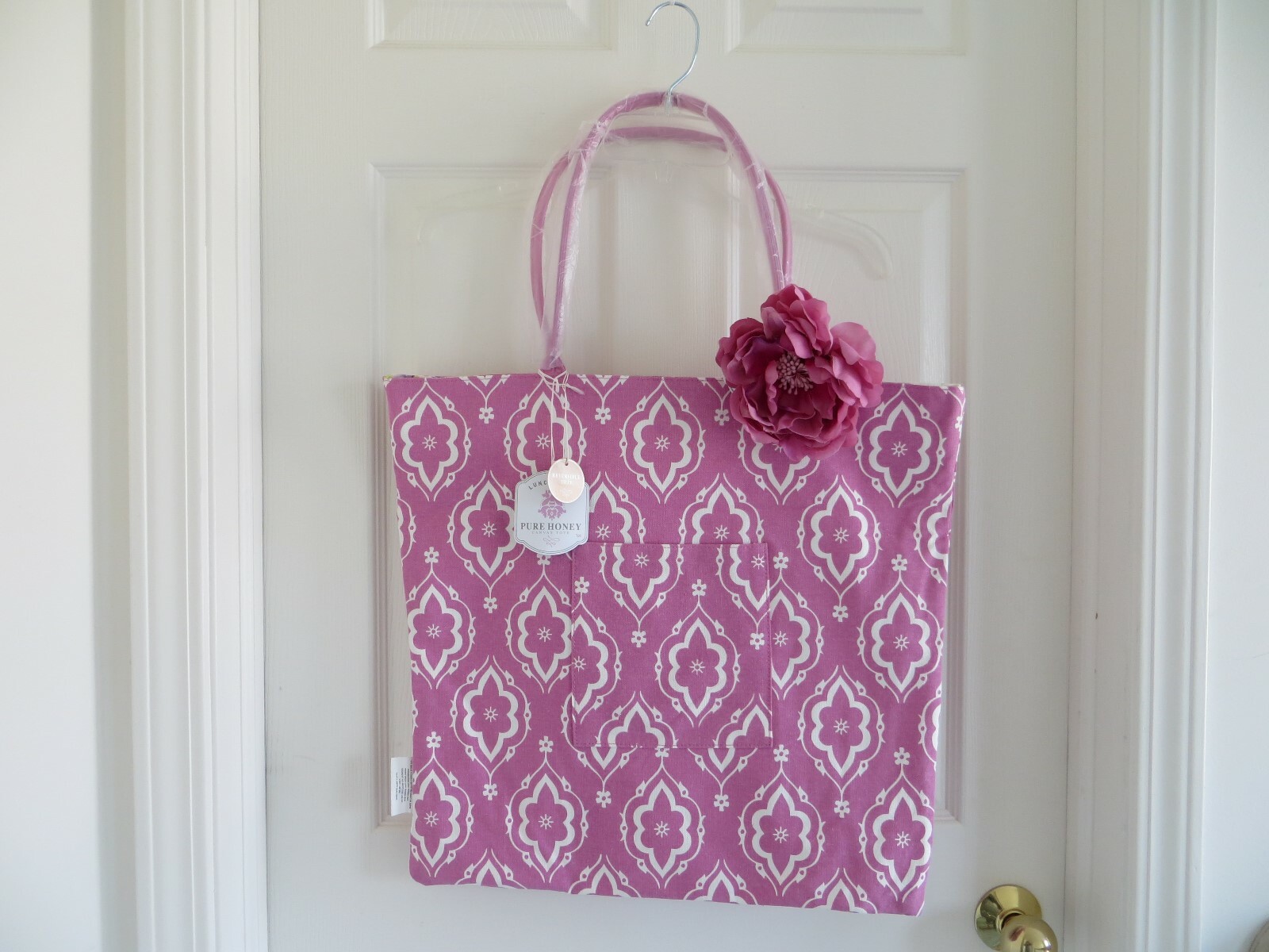 Pure Honey Canvas Tote Bag With Flower Brooch - Pink