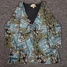 Notations Top Womens Large Multicolor Paisley Sparkle Stretch V Neck Tunic Shirt