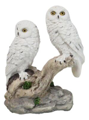 Tundra Forest Snow White Owls Couple Perching On Tree Branch Figurine 4.75''H