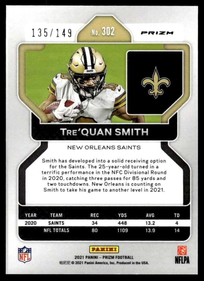2021 Panini Prizm RED Tre'Quan Smith Auto /149 New Orleans Saints #302 - Image 2 of 2
