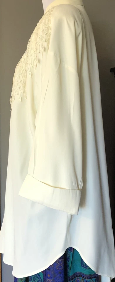 Blusa túnica feminina vintage R&M Richards 20W marfim floral renda franjas botões boho - Imagem 3 de 4