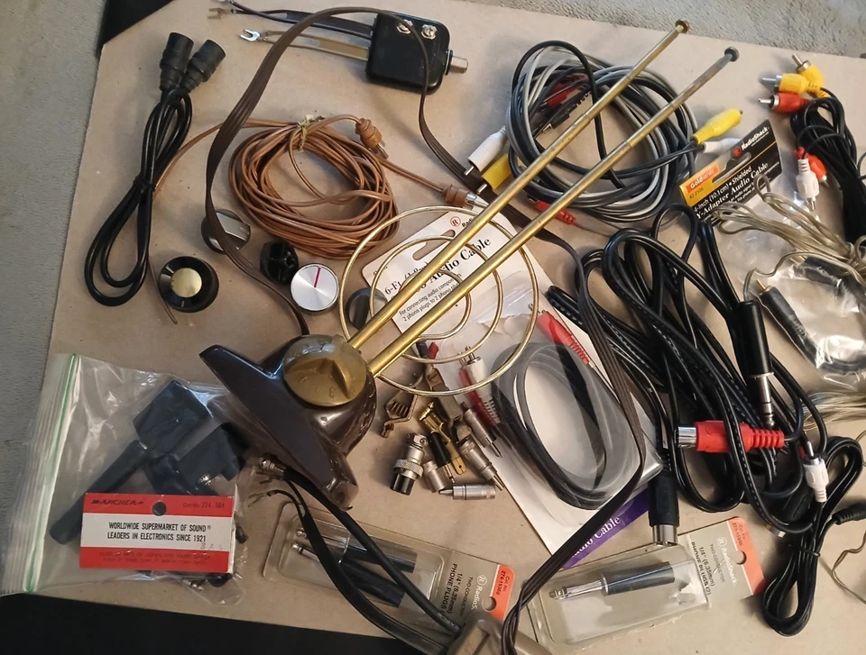 Large Lot Vintage + NOS  T.V. and Audio Supplies Cables Connectors Rabbit Ears - Image 3 of 3