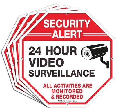 4 Pack 24 Hour Video Surveillance Security Camera Signs for Home Business