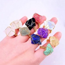 8pcs Adjustable Natural Raw Stone Wire Wrapped Rings Women Love Theme Jewelry