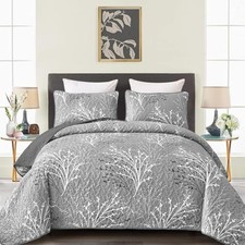 Quilt Set Size - Branch Botanical Bedspread Coverlet Set  3 Pieces Queen Grey