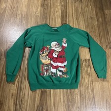 Vintage Hanes Sweatshirt Mens Large Green Santa Christmas Pullover Made USA 80s