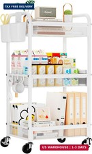 3 Tier Metal Rolling Cart, White Utility Storage Cart with Wheels Meta
