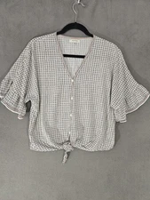 Max Studio Womens Medium Shirt Vneck Multicolor Floral Boho Front Tie Ruffle Sle