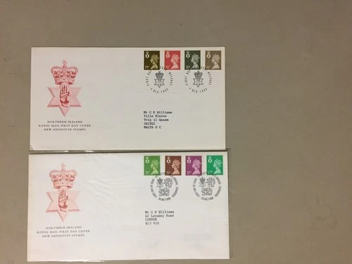 two North Ireland fdc with multiple definitive stamps
