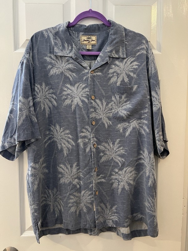 Jamaica Jaxx Silk Palm Tree Gray White XL Short Sleeve Button-Up Shirt Tropical