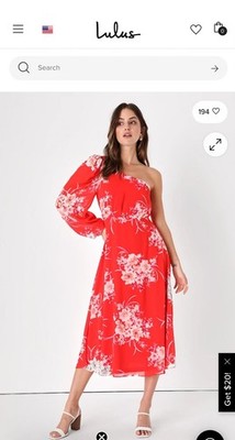Lulus Brunch Besties Red Floral One Shoulder Midi Graduation Wedding Dress XS