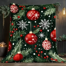 Green & Red Christmas Snowflakes & Poinsettias Throw Blanket - Fleece Blanket