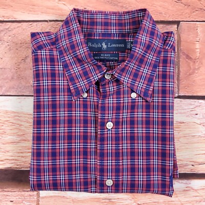 Ralph Lauren Shirt Mens M(FIit L) Blake Button-Down Short Sleeves Two-Ply Cotton