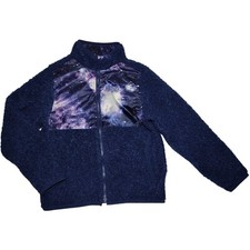Land's End Reversible Kids 6 7 Navy Blue Space Galaxy Jacket Stars Fuzzy Unisex