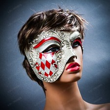 Phantom Crackle Red Silver Luxury Venetian Half Face Masquerade Ball Party Mask