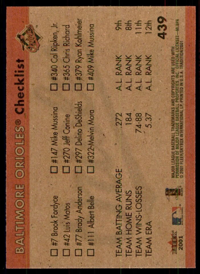 2001 Fleer Tradition DeShields/Kohlmeier/Belle/Mussina Baseball Cards #439 - Image 2 of 2