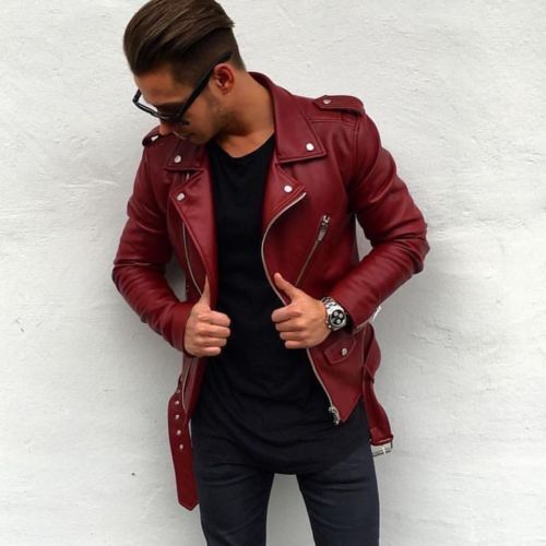 New Men Genuine Lambskin Leather Jacket Maroon Slim fit Biker Motorcycle jacket - Picture 1 of 2