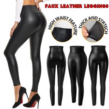 Women Faux Leather Leggings Stretchy High Waist Pants Workout Pleather Leggings