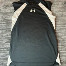 Under Armour Shirt Youth YSM Base Layer Black Mock Fitted Sleeveless White Logo