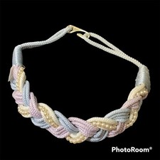 Braided Cord  Pearls Belt Blue Lavender Ivory Gold Tone Hook Clasp 1980s Vtg