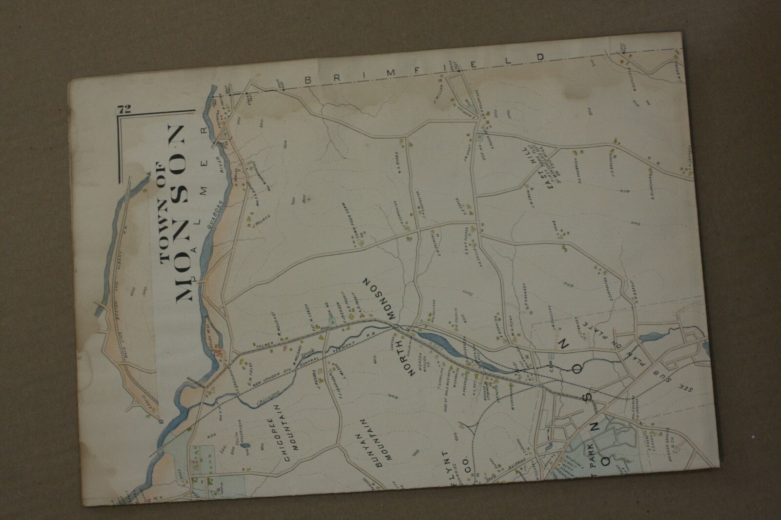 Monson Town MA Map from 1894 Atlas of Surveys Hampden Co 22x32" FOLDED
