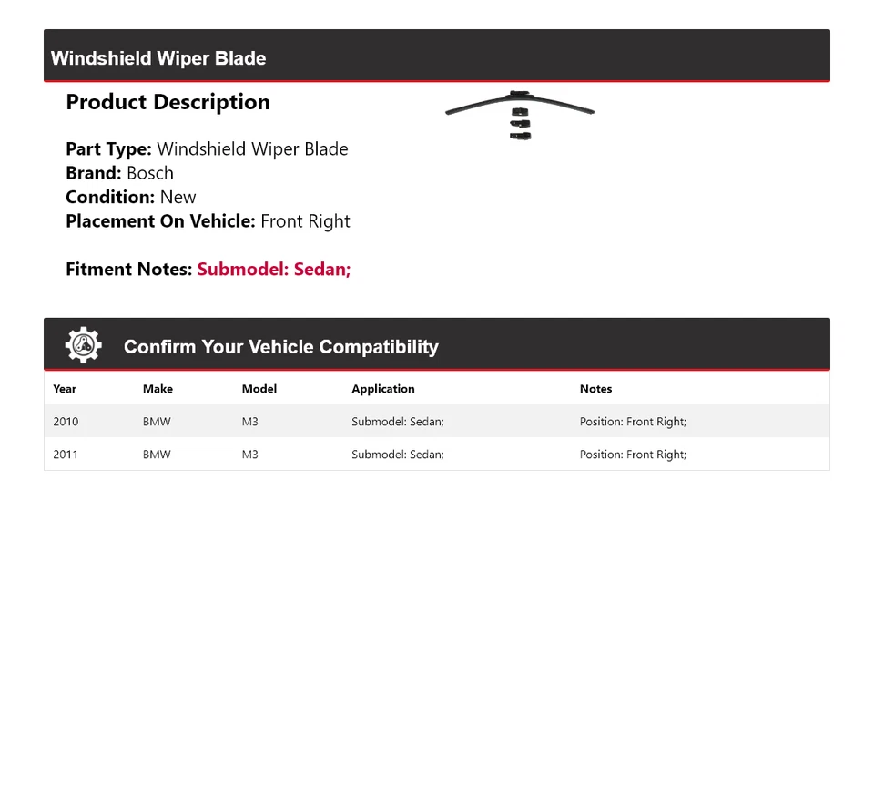 Limpiaparabrisas delantero derecho Bosch ICON 2010-2011 BMW M3 sedán Foto 2 de 3