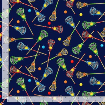 Sports Fabric | Cheer Squad Tossed Lacrosse Stick Blue | Timeless Treasures YARD