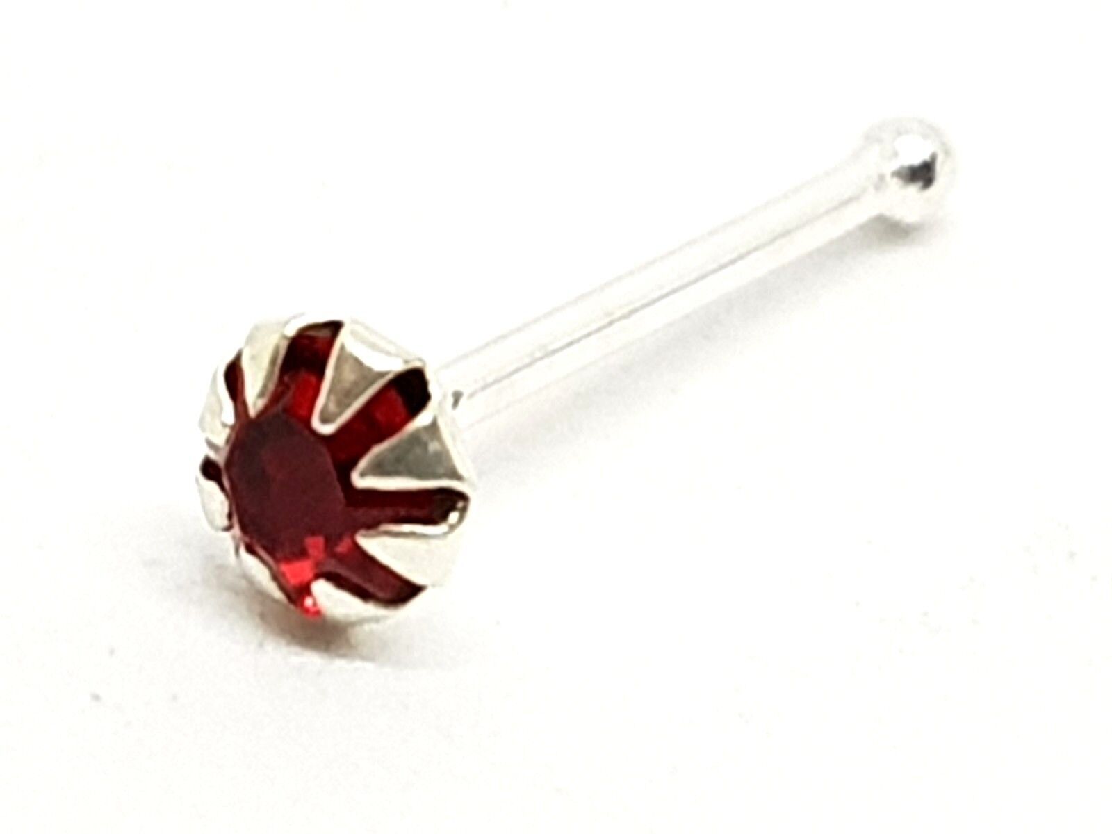 Nose Stud Tiny 2mm Round Ruby Red 22g (0.6 mm) 925 Sterling Silver Ball End Stud