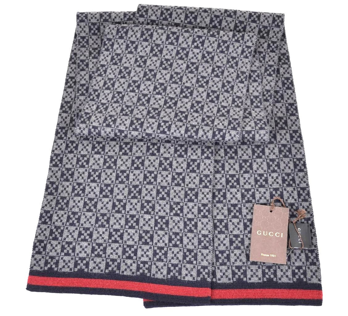 GUCCI SCARF 347979 100% WOOL DIAMANTE GREY & BLUE RED STRIPE