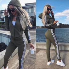 Womens Stripe Zipper Hooded Hoodie Top Pants Jogging Tracksuit Set Gym 2Pcs Suit