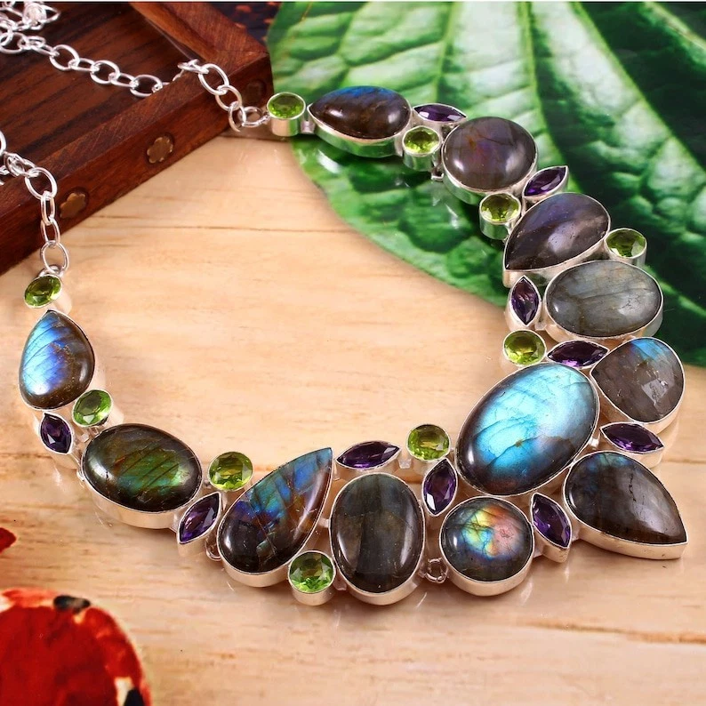 Collar de plata de ley 925 hecho a mano con piedras preciosas de labradorita tamaño-17-18" Foto 2 de 4