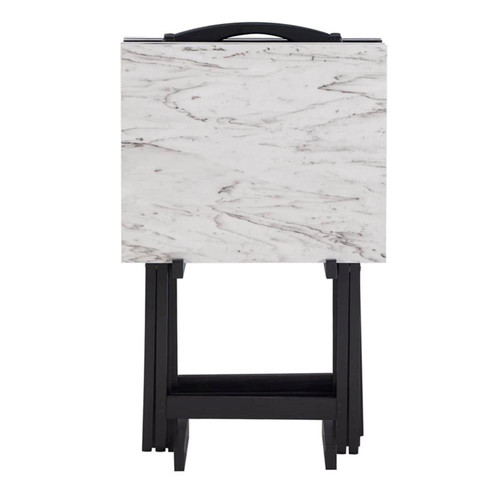 Riverbay Furniture 5-Piece Marble Folding Tray Table Set w/ Stand in White/Black - Picture 11 of 20