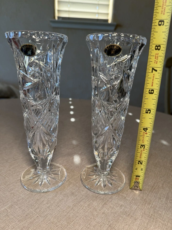 Jarrón de cristal de plomo checo Bohemia de 8 pulgadas de alto diseño geométrico par a juego Foto 2 de 4