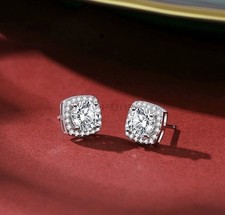 Women Men Square Halo Earrings 925 Sterling Silver Cubic Zirconia Silver