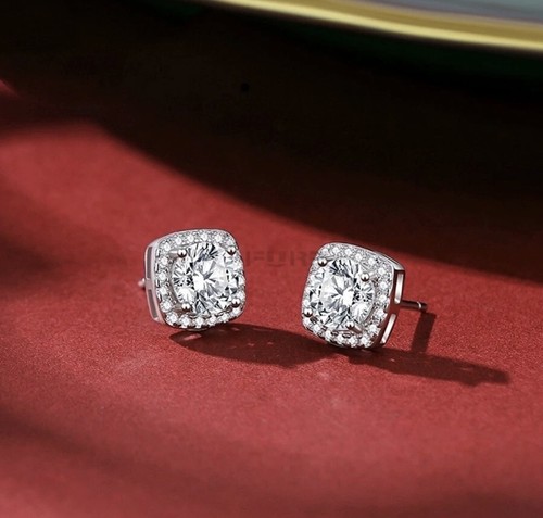 Women Men Square Halo Earrings 925 Sterling Silver Cubic Zirconia Silver