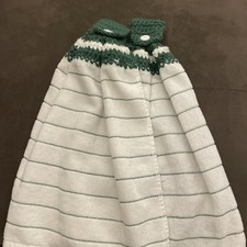 PLUSH HAND CROCHETED TOP HANGING KITCHEN TOWELS. White Green