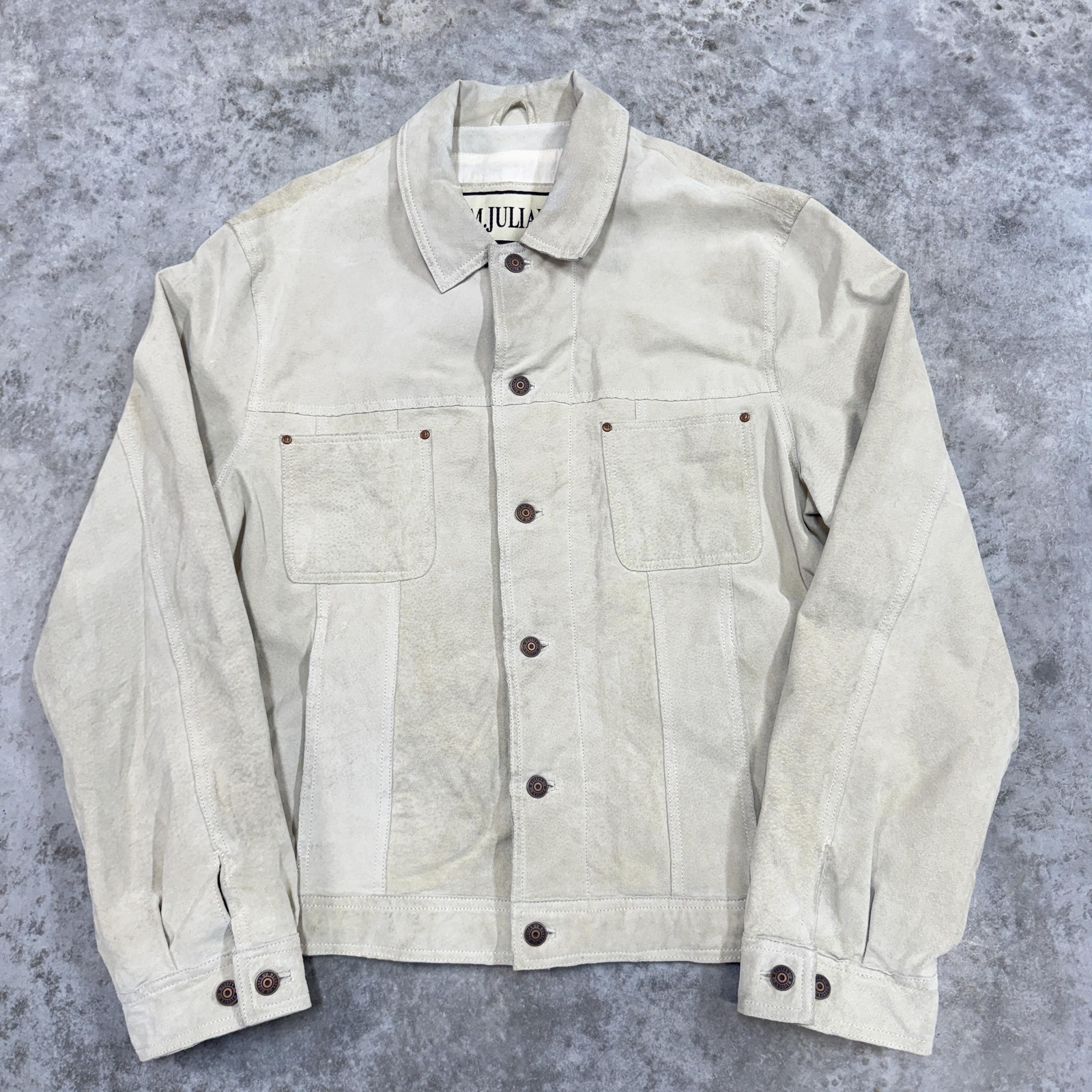 M. Julian Wilsons Leather Jacket Mens XL Beige Suede Trucker Button Front Lined
