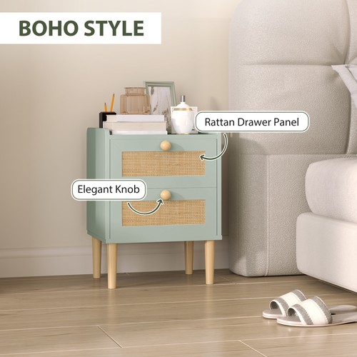 HOMCOM Cassettiera per Camera da Letto in Rattan Boho, Cassettiera a 2 Cassetti, Verde Oliva - Foto 7 di 11
