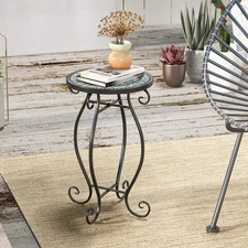 NNECW Mosaic Outdoor Side Table with Weather Resistant Ceramic Tile Tabletop-Gre