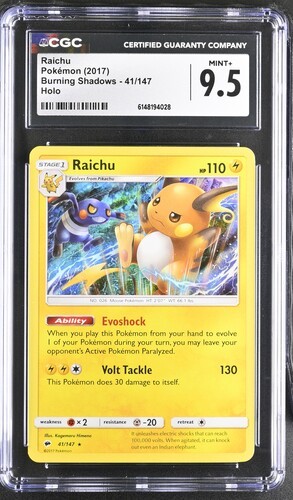 2017 POKEMON RAICHU 41/147 BURNING SHADOWS HOLO CGC 9.5