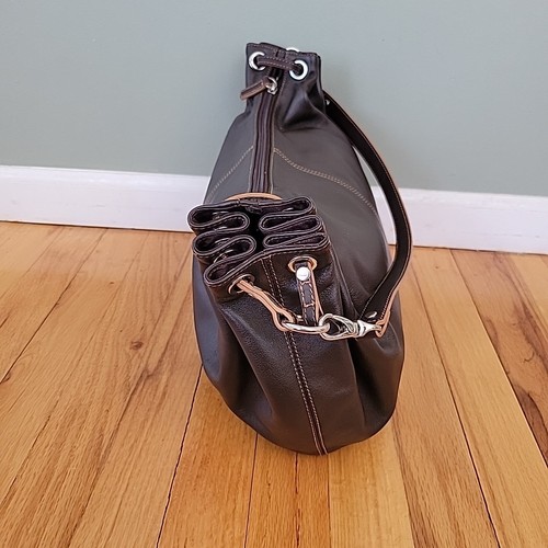 Lauren Ralph Lauren Shoulder Bag Brown Pebbled Leather Hobo Bag Embroidered Logo - Picture 2 of 7